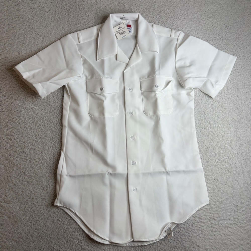 70s Flying Cross Mens USN CNT Shirt White Short Sleeve Uniform Twill 79S7600 M